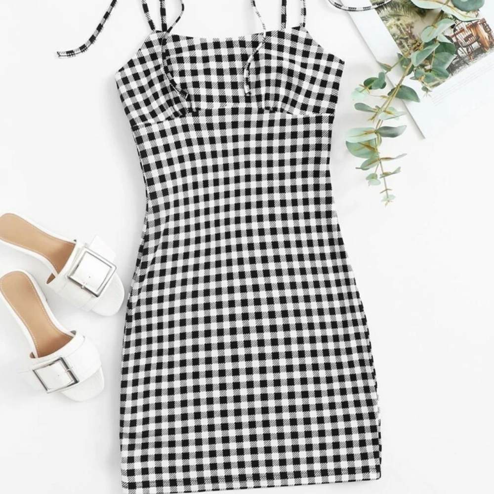 SHEIN Knotted Strap Plaid Bodycon Dress Black and White Size XL